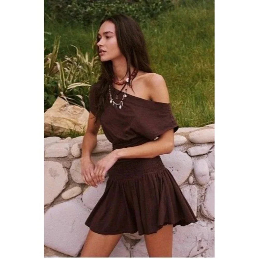 Free People Brown Off-Shoulder Mini Dress
